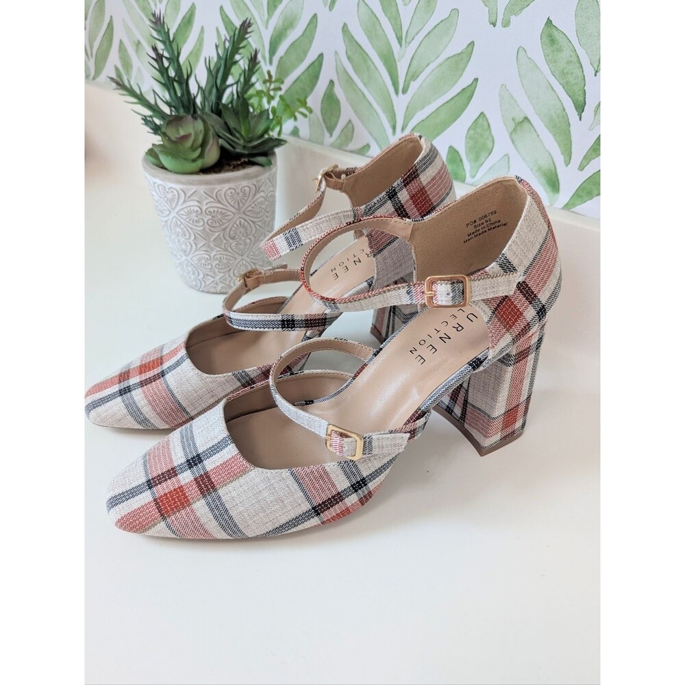 Plaid Double-Strap Block Heels Pink Cream Isadora Journee Collection 9.5 NEW - Picture 4 of 10